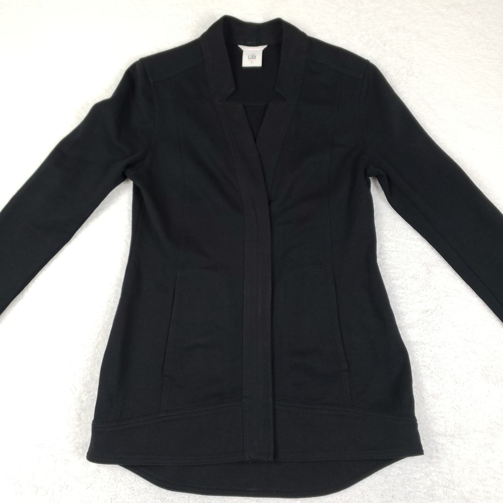 Cabi Pursuit‎ Jacket Black Knit Notched Neck Back Cutout Snap Front S Athleisure